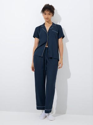 Wunderlove Navy Solid Shirt and Pyjamas Set