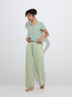 Wunderlove Green Stripe High-Rise Cotton Lounge Pants
