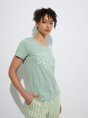 Wunderlove Sage Text Detailed Cotton T-Shirt