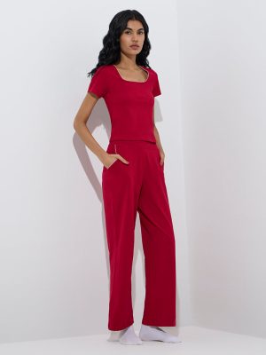 Superstar Red Ribbed High-Rise Cotton-Blend Lounge Pants