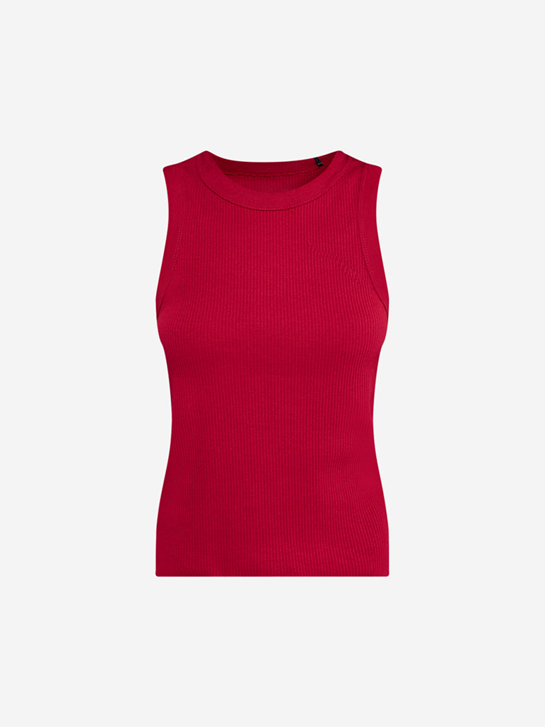 Superstar Red Ribbed-Textured Cotton-Blend Tank Top - Image 5