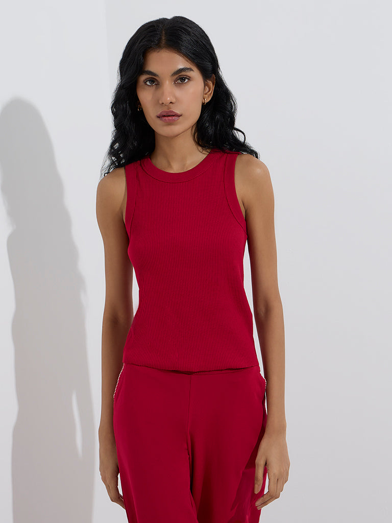 Superstar Red Ribbed-Textured Cotton-Blend Tank Top - Image 2