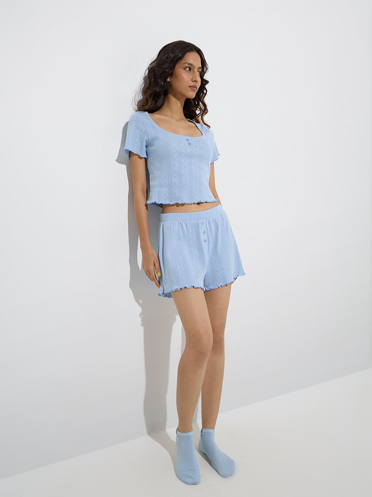 Superstar Light Blue Pointelle-Knitted Cotton Top