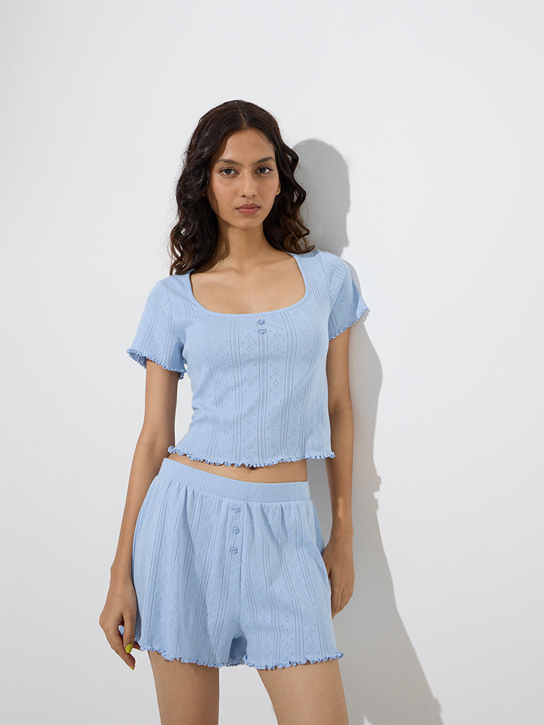 Superstar Light Blue Pointelle-Knitted Cotton Top - Image 2