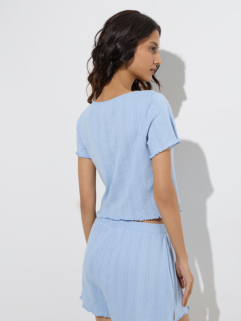 Superstar Light Blue Pointelle-Knitted Cotton Top - Image 4