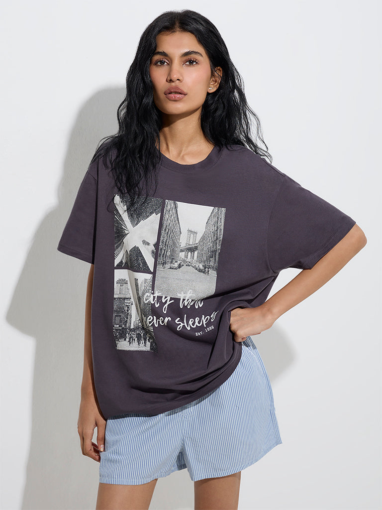 Superstar Charcoal Cityscape Oversized Cotton T-Shirt