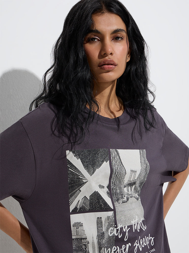 Superstar Charcoal Cityscape Oversized Cotton T-Shirt - Image 3