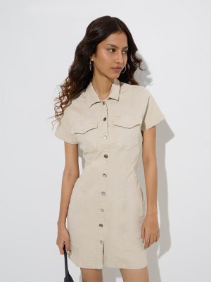 Nuon Beige Cotton-Blend Denim Shirt Dress