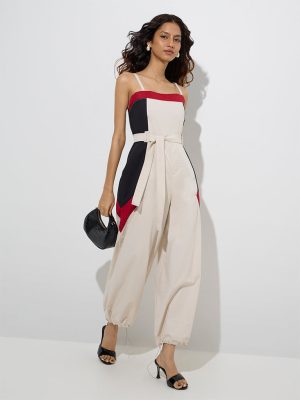 Nuon Off-White Cotton-Blend Jumpsuit with Belt