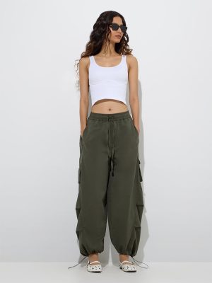 Nuon Olive Harem-Style Mid-Rise Cotton-Blend Pants