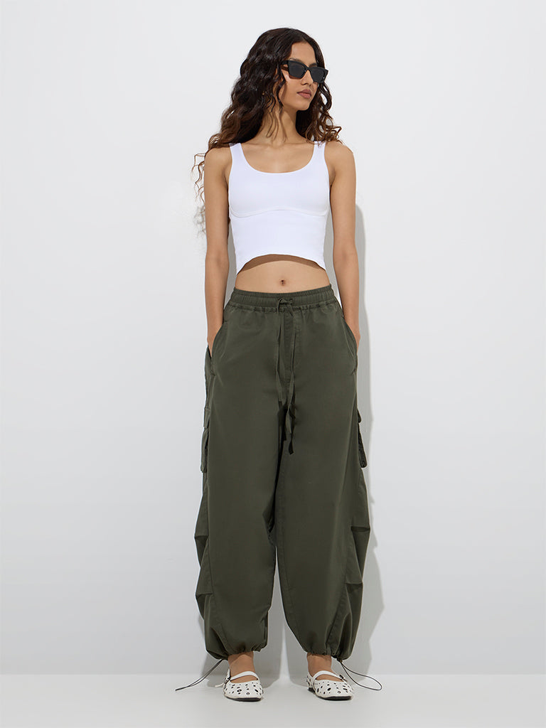 Nuon Olive Harem-Style Mid-Rise Cotton-Blend Pants