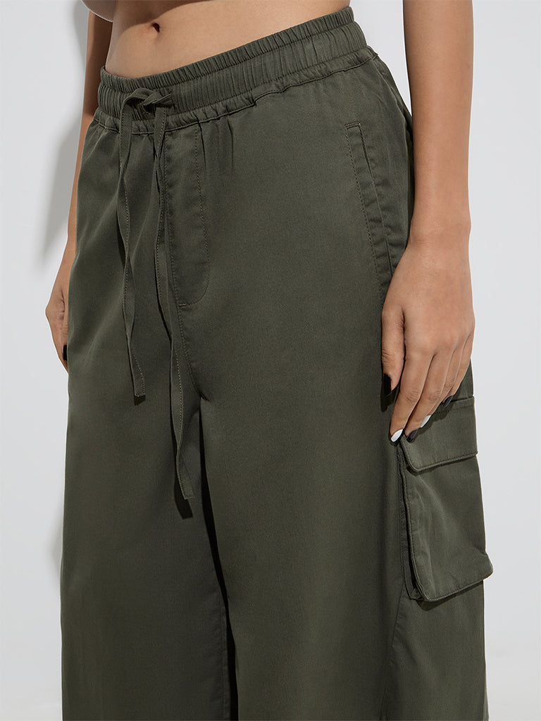 Nuon Olive Harem-Style Mid-Rise Cotton-Blend Pants - Image 3