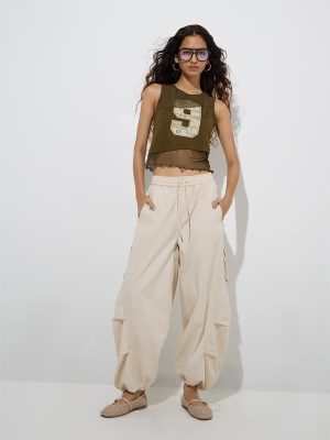 Nuon Beige Harem-Style High-Rise Cotton-Blend Pants