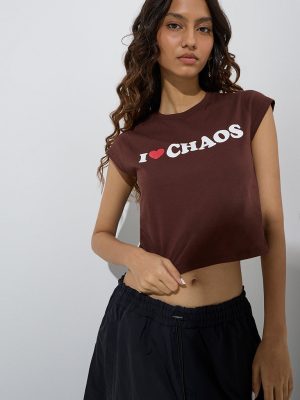 Nuon Brown Text Detailed Cotton T-Shirt