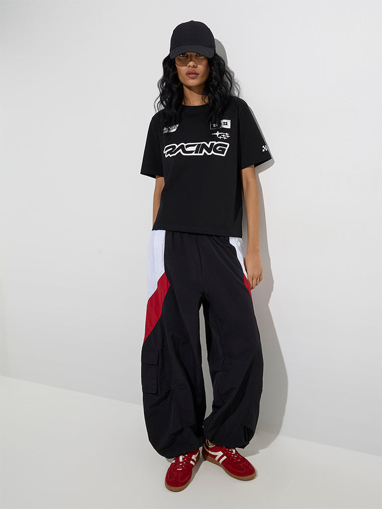 Nuon Black Text Printed Cotton-Blend T-Shirt