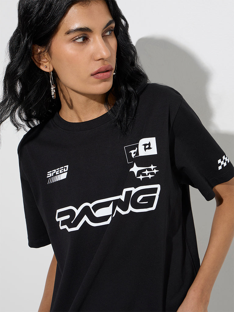 Nuon Black Text Printed Cotton-Blend T-Shirt - Image 3