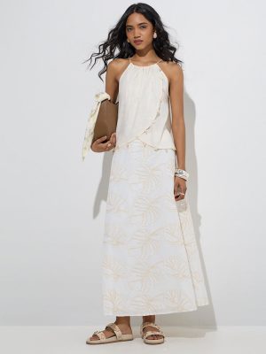 LOV White Leaf Embroidered High-Rise Skirt