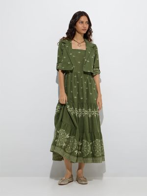 Bombay Paisley Olive Floral Cotton Tiered Dress with Jacket