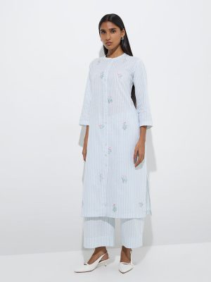 Zuba Light Blue Striped Cotton-Blend Ethnic Pants