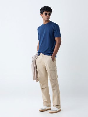 WES Casuals Beige Relaxed-Fit Mid-Rise Cotton-Blend Chinos