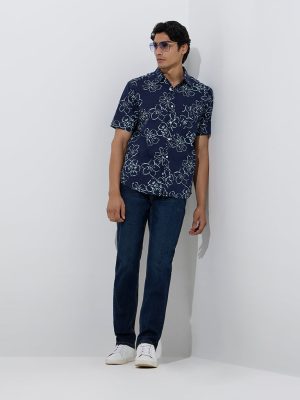 WES Casuals Navy Floral Pattern Relaxed-Fit Cotton Shirt