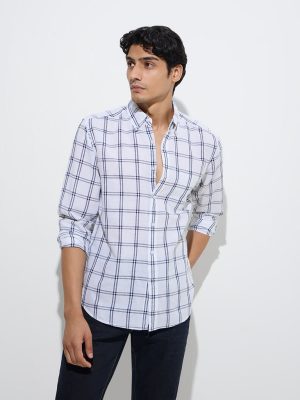 WES Casuals White Checkered Relaxed-Fit Linen-Blend Shirt