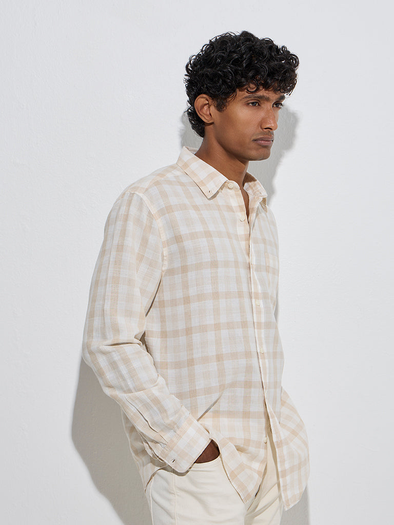 WES Casuals Off-White Checks Relaxed-Fit Linen-Blend Shirt - Image 2