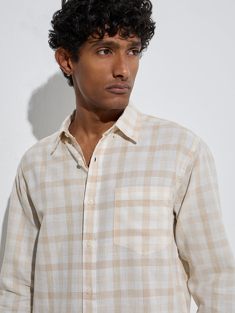 WES Casuals Off-White Checks Relaxed-Fit Linen-Blend Shirt - Image 3