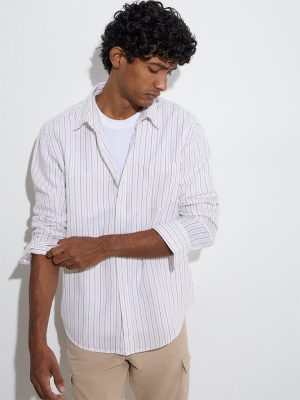 WES Casuals White Striped Relaxed-Fit Cotton Shirt