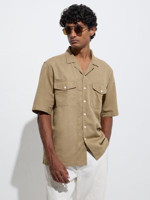 WES Casuals Dark Beige Solid Relaxed-Fit Cotton-Blend Shirt