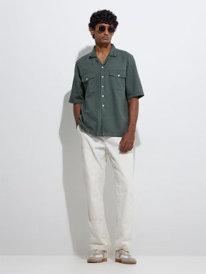 WES Casuals Teal Solid Relaxed-Fit Cotton-Blend Shirt