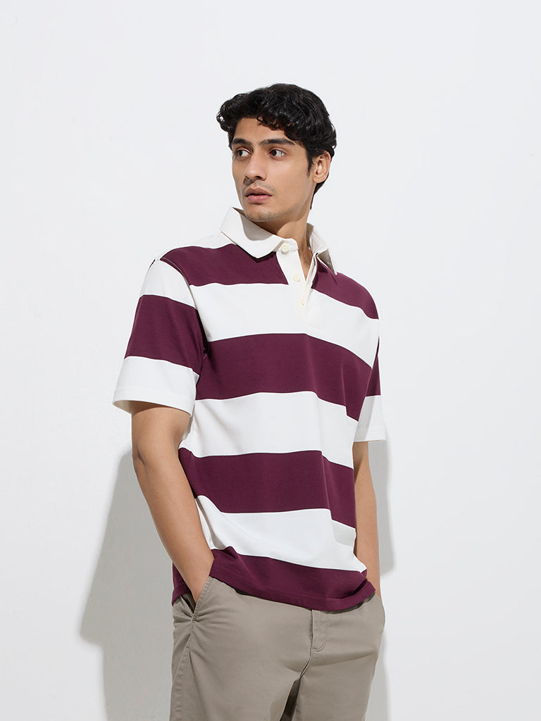 WES Casuals Wine Relaxed-Fit Cotton-Blend Polo T-Shirt - Image 3