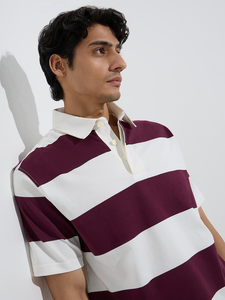 WES Casuals Wine Relaxed-Fit Cotton-Blend Polo T-Shirt - Image 4