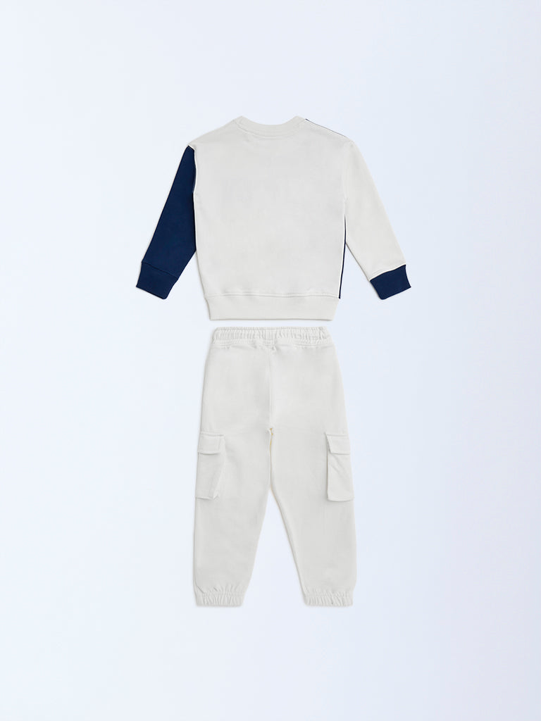 HOP Kids Off-White Text Cotton Sweatshirt and Joggers Set - Image 3