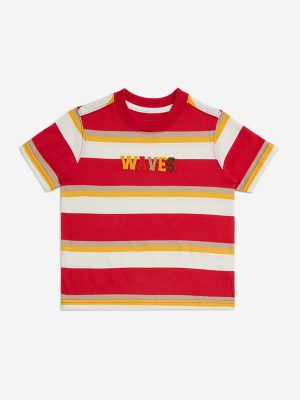 HOP Kids Red Stripe Printed Cotton T-Shirt