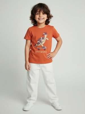 HOP Kids Orange Animal Embossed Cotton T-Shirt