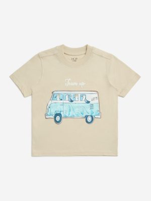 HOP Kids Beige Bus Printed Cotton T-Shirt