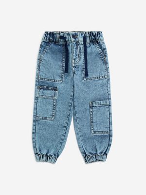 HOP Kids Blue Faded Relaxed-Fit Mid-Rise Jogger-Style Jeans