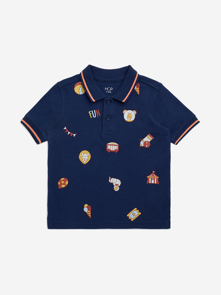 HOP Kids Navy Embroidered Cotton Polo T-Shirt - Image 2