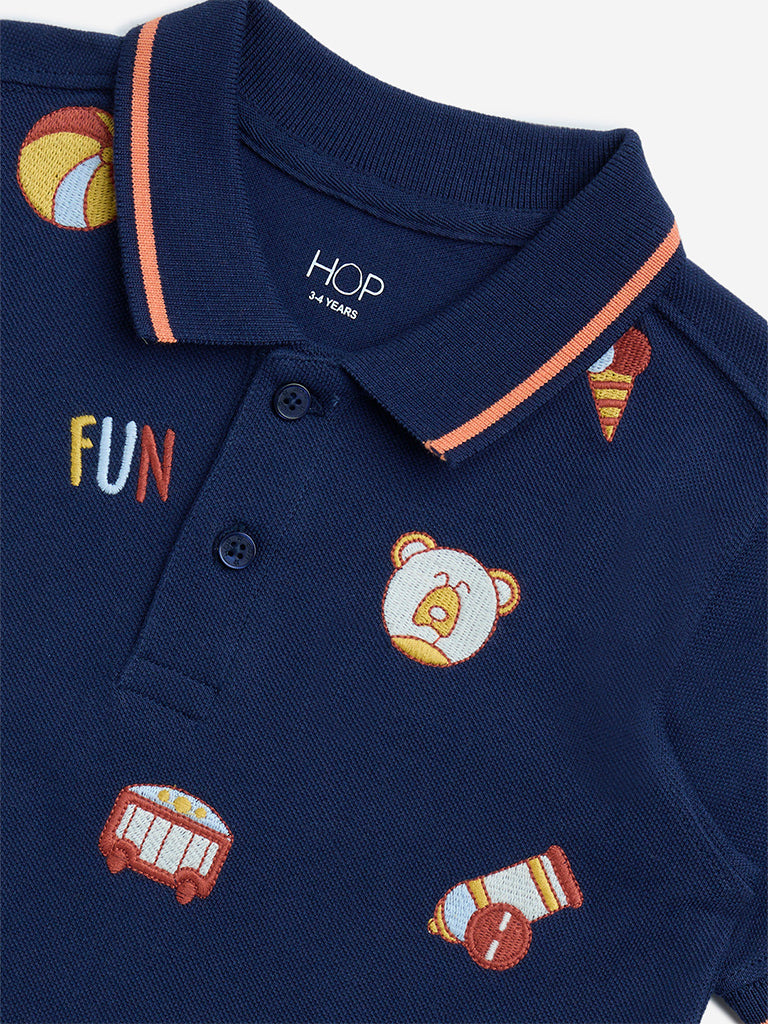 HOP Kids Navy Embroidered Cotton Polo T-Shirt - Image 4