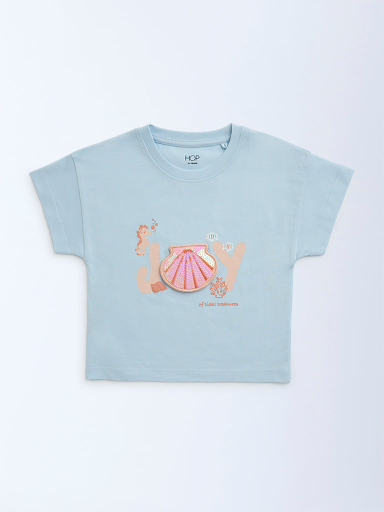 HOP Kids Light Blue Sequin Detailed Cotton T-Shirt - Image 3