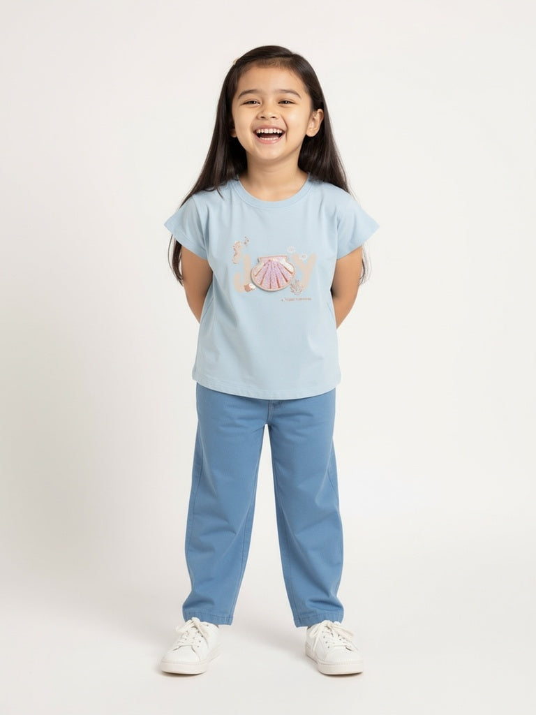 HOP Kids Light Blue Sequin Detailed Cotton T-Shirt