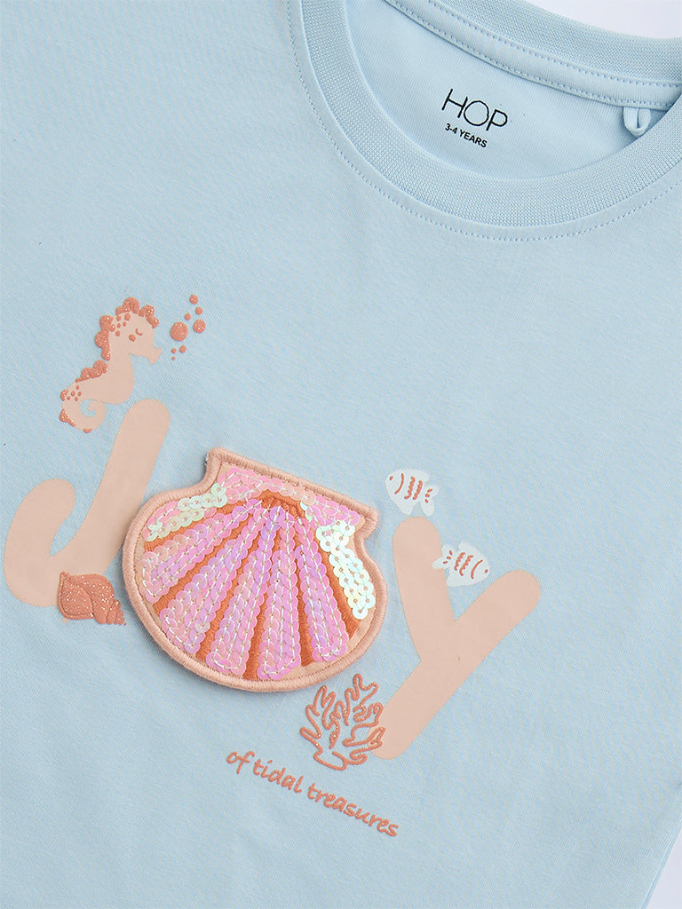HOP Kids Light Blue Sequin Detailed Cotton T-Shirt - Image 5