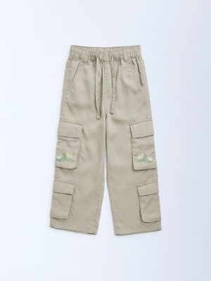 HOP Kids Beige Cargo-Style High-Rise Trousers