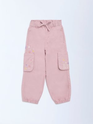 HOP Kids Dusty Pink Floral Embroidered High-Rise Joggers
