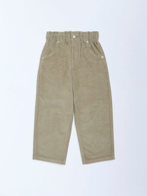 HOP Kids Light Olive Paperbag-Waist Corduroy Trousers