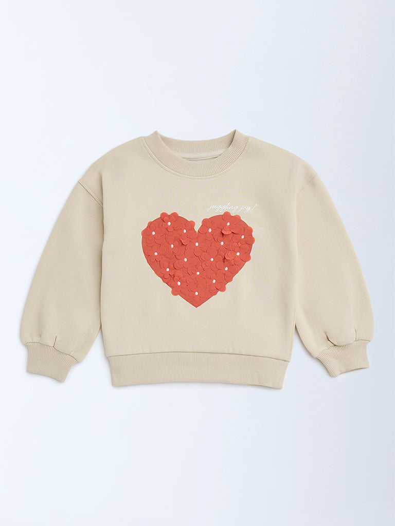 HOP Kids Beige Heart Design Cotton-Blend Sweatshirt - Image 2