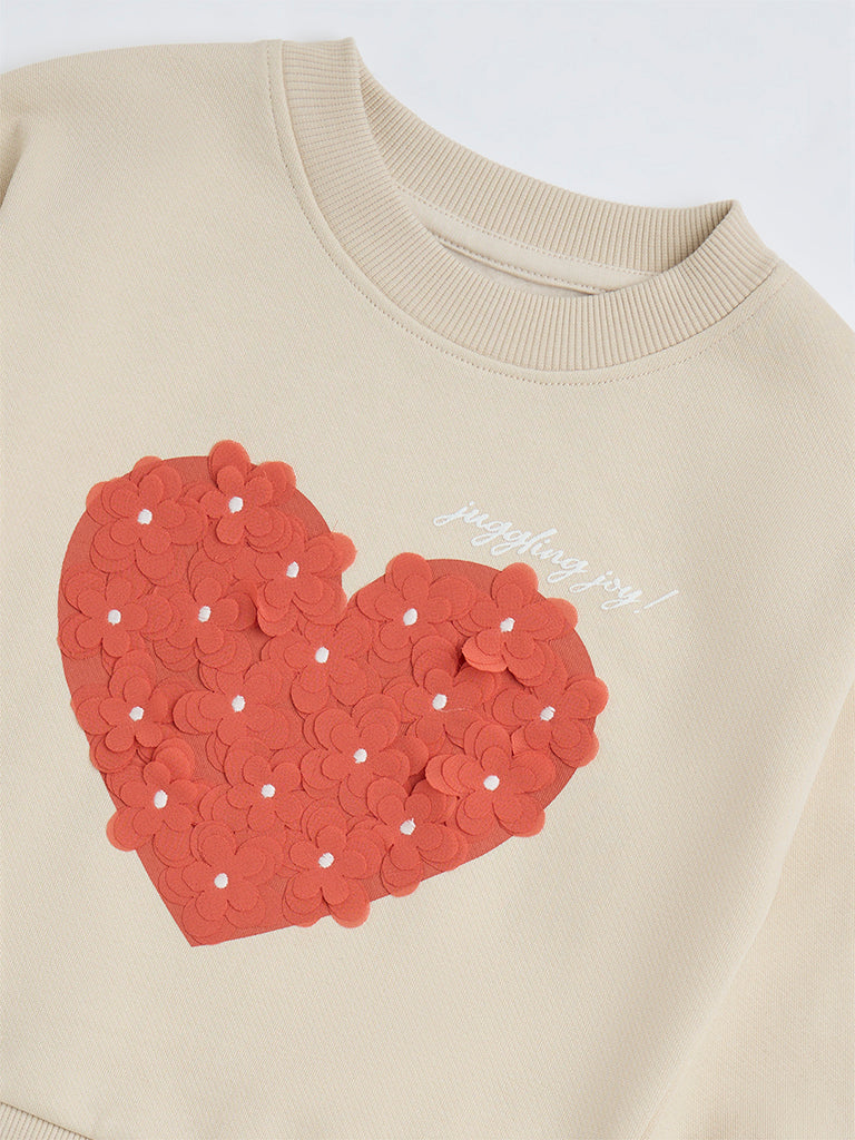 HOP Kids Beige Heart Design Cotton-Blend Sweatshirt - Image 4