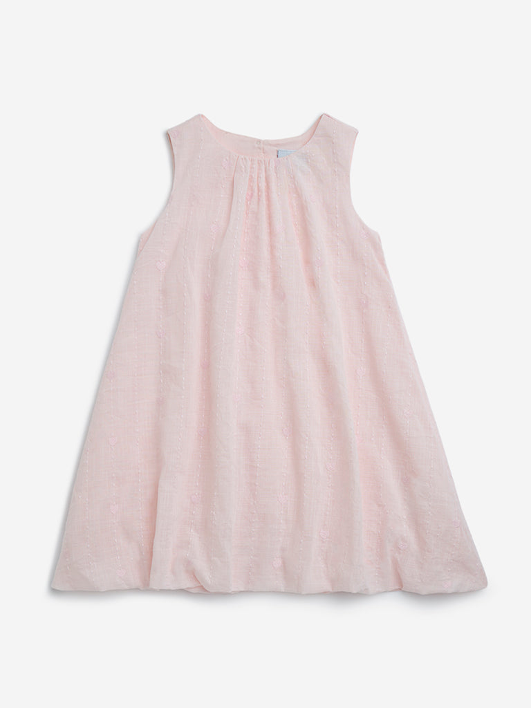 HOP Kids Light Pink Embroidered Cotton A-Line Dress - Image 2