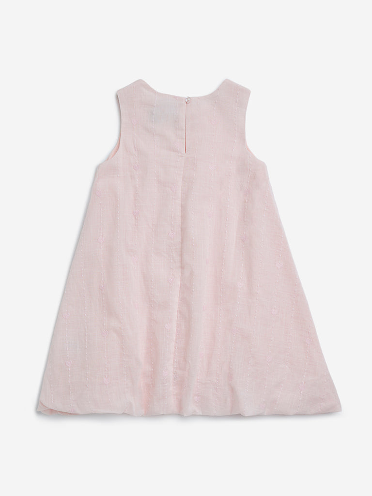 HOP Kids Light Pink Embroidered Cotton A-Line Dress - Image 3